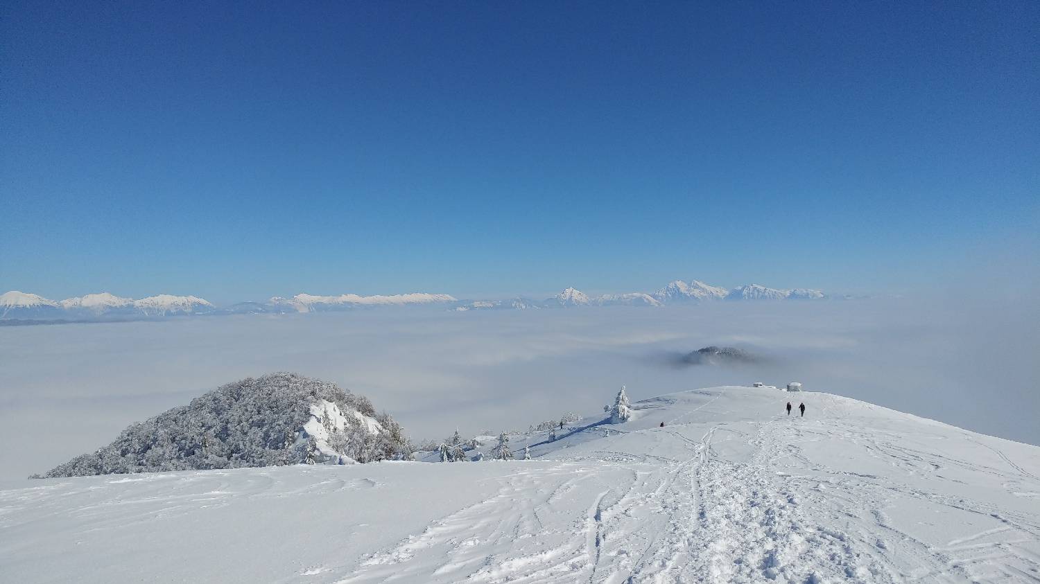 Zasnežen vrh Blegoša z odtisi stopinj v snegu